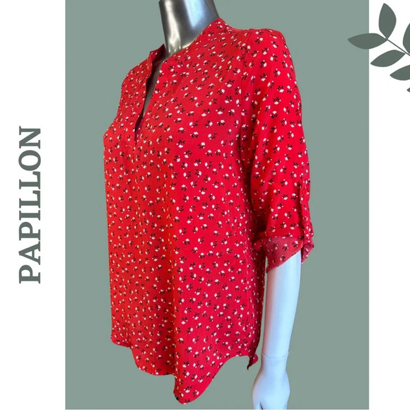 Papillon  Red Blouse Spit V Neck Top Red Black White - Picture 4 of 7